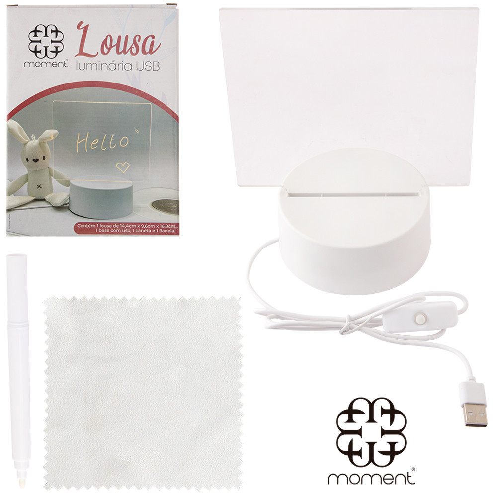 Lousa Luminaria Usb De Mesa De Acrilico Retangular 10 Leds + Caneta + Flanela E Base Plastico 16,8x14,4x9,6cm