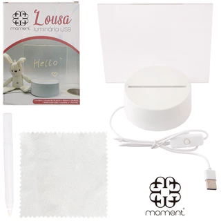 Lousa Luminaria Usb De Mesa De Acrilico Retangular 10 Leds + Caneta + Flanela E Base Plastico 16,8x14,4x9,6cm