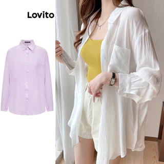 Lovito Casual Blusa Feminina Lisa com Botão e Bolso LNA14139 (Multicolorido)
