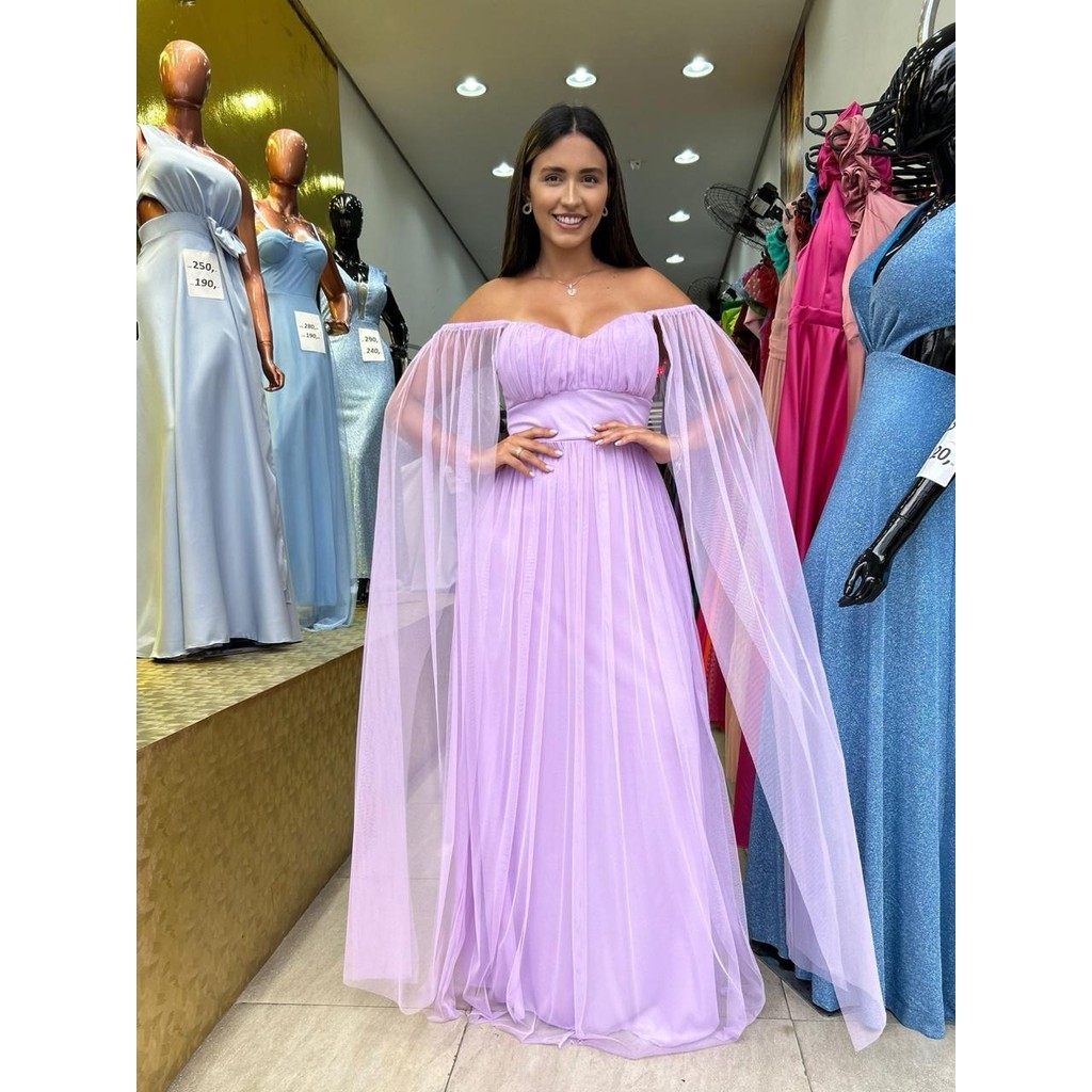 Vestido Longo Ombro a Ombro Manga Capa Lilás Mcoffee Festa