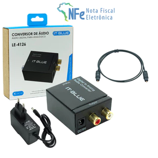 Kit Conversor de Áudio Digital Óptico p/ Analógico RCA com Cabo Óptico e com Fonte de Energia 12V 3A