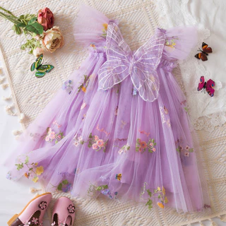 WFRV Baby Girl Summer Vestido De Verão Festa Sem Mangas Bordado Leve Têxtil Borboleta Asas Princesa Aniversário De Menina Doce