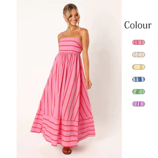 Vestido de estilo fresco com suspensórios listrados sem costas (8811)