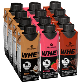Pack 12un Bebida Láctea Whey 15g de Proteína Piracanjuba Sabores Coco, Chocolate e Morango 250ml