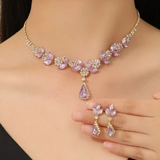 Jóias de noiva cristal roxo diamante colar brincos conjunto vestido de casamento acessórios estilo coreano
