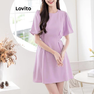 Lovito Vestido plissado casual liso com renda para mulheres L87ED360