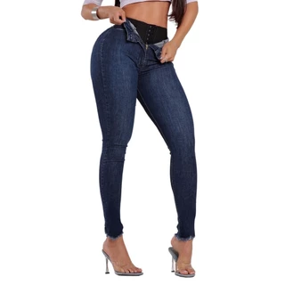 Calça Jeans Feminina Skinny com Cinta Modeladora Super Lipo Chapa Barriga Cintura Perfeita Empina Bumbum