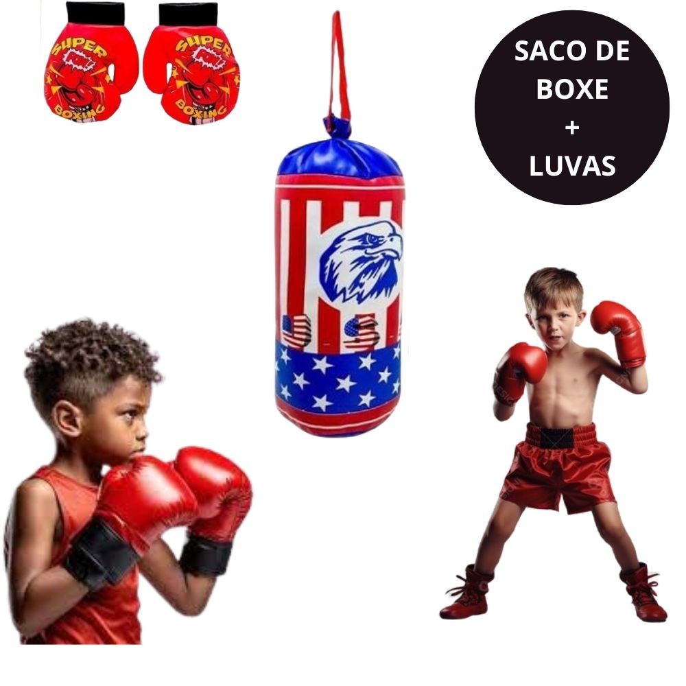 Kit Saco de Pancada Boxe com Par Luvas Luta Tatame Infantil Cores ...