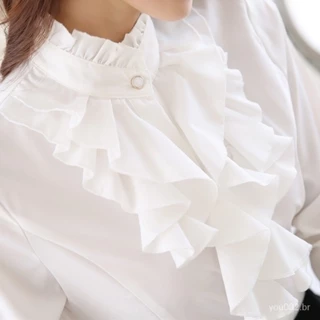 2022 Primavera Outono Nova Ruffled Baixo Estilo Algodão Puro Camisa Com Mulheres Manga Comprida