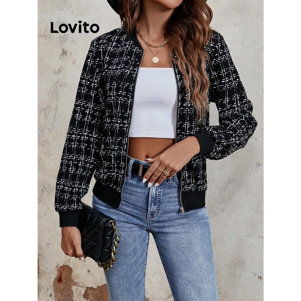 Lovito Jaqueta casual xadrez lisa para mulheres LNL64168