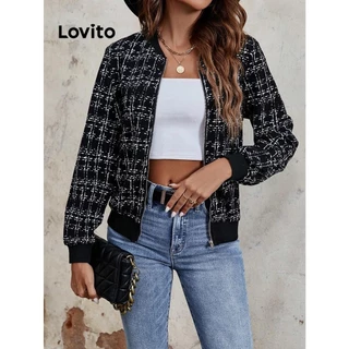 Lovito Jaqueta casual xadrez lisa para mulheres LNL64168