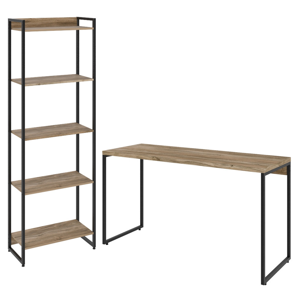 Kit Escritório Estante Areta 5 Prateleiras Mesa Industrial Aspen 135cm C01 Carvalho - Lyam Decor