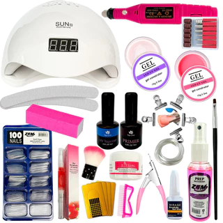 Kit Alongamento de Unha Gel Lixa Lixadeira Motor Completo Acrigel Manicure Top e Primer Fibra Cabine Sun 5 Unhas Gel Manicure
