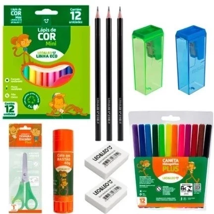 Kit Escolar: lápis de cor/apontador/lápis/tesoura/cola bastão/canetinhas