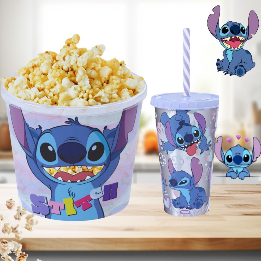 Balde de Pipoca + Copo Kit Lilo e Stitch Sessão Cinema em Casa Infantil ...