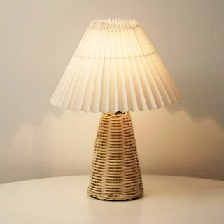 [EPAY] Abajur De Mesa Plissado Noturno De Cabeceira Com Base De Vime Estilo Vintage Soft Luz Quente Para Decoração De Qu