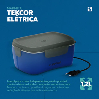 Marmita Elétrica Potente, certificada pelo INMETRO, 110V/220V 100W, capacidade de 1,2 Litros e livre de BPA - Azul