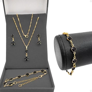 Kit Colar Feminino Veneziana + Pingente Brilhante Preto + Pulseira Banhada + Brinco Cn23