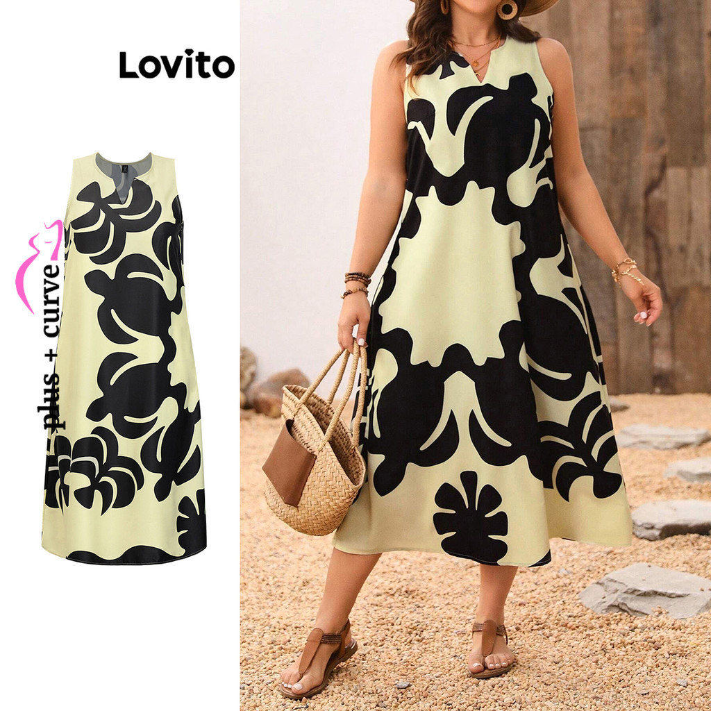 Lovito Vestido básico floral boho plus size curvo para mulheres LSL02054