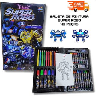 Maleta de Pintura Estojo Escolar Infantil Super Robo 48 peças com Desenhos Inclusos