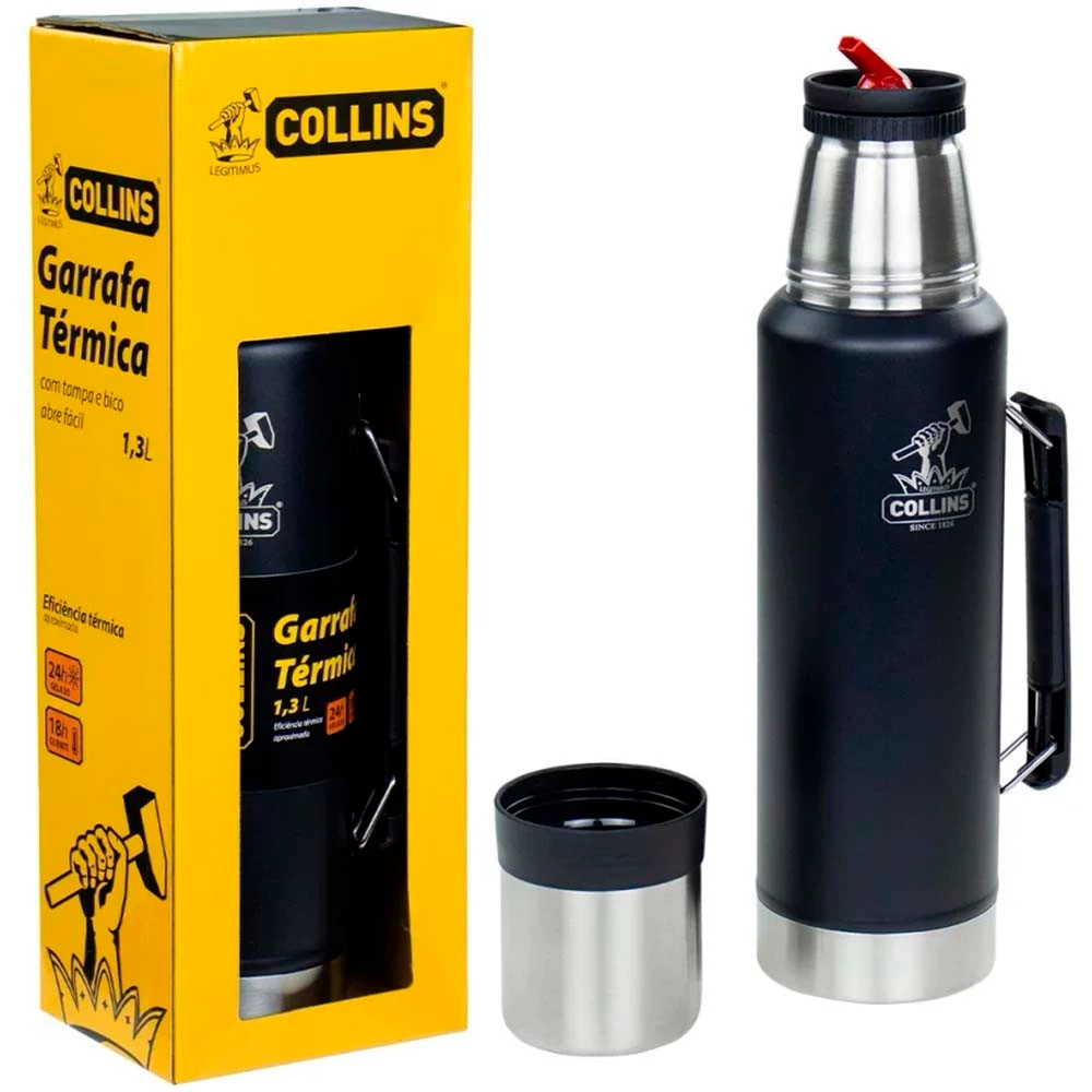 Garrafa Térmica COLLINS em Aço Inox 1.3L com Tampa Copo e Bico