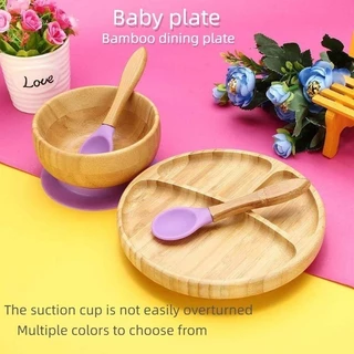 Tigela Ou Prato De Bambu Natural Baby Premium Com Sucção + Conjunto De Utensílios De Colher