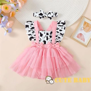 Eph-Baby Girls Summer Romper Vestido De Verão Manga Voadora Vaca Impressão Tulle Patchwork Bodysuit Com Fita De Cabeça