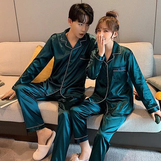Conjunto de Pijama de Seda de Cetim para Mulheres e Homens com Mangas Longas Casal EHIW
