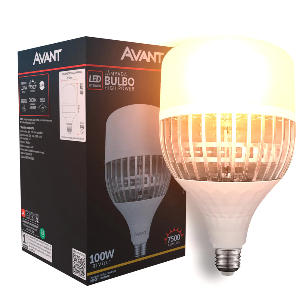 Lampada Led Bulbo Hp 100w 3000k Branco Quente E27 110v/220v Ip20 Branco Cod: 789811372 Avant
