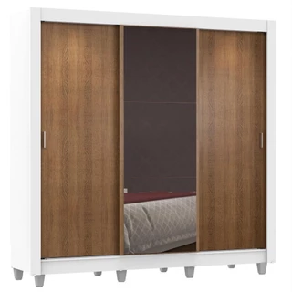Guarda Roupa Casal Madesa Lyon Plus 3 Portas de Correr com Espelho 4 Gavetas com Pés - Branco/Rustic em Oferta na Shopee