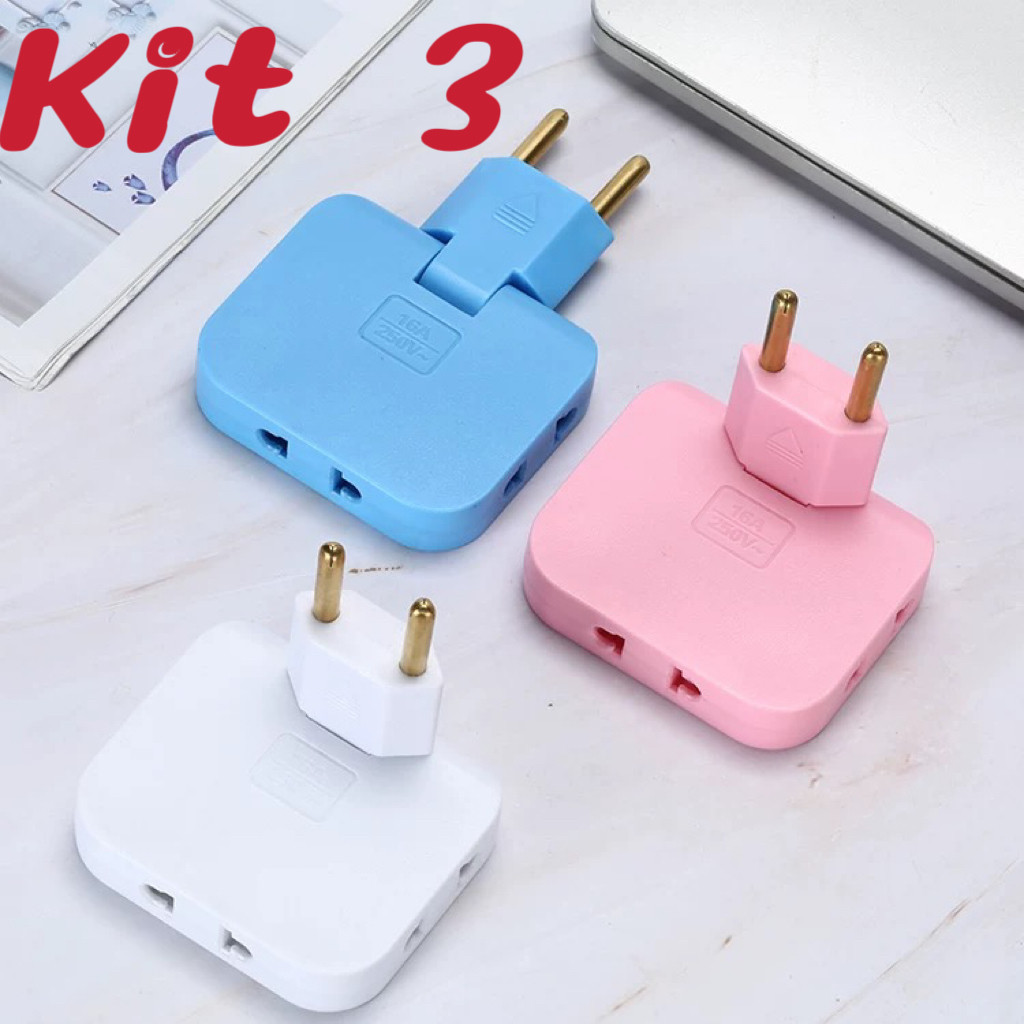 Kit 3 Adaptador de tomada articulada dobrável 