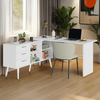 Mesa de Estudos em L 3 Gavetas Branco Lisboa Madesa em Oferta na Shopee