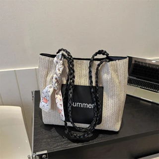 Grande capacidade de tecido com emenda de comutador Tote casual grande bolsa feminina 2024 nova classe de estudantes universitários bolsa de ombro VB95112