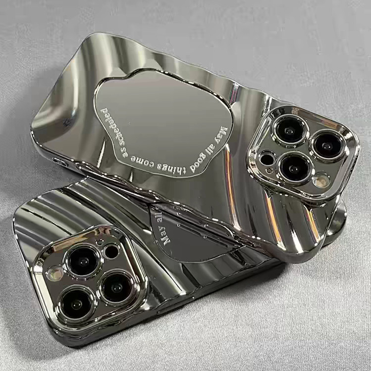 Estojo De TPU Macio Espelhado Ondulado 3D Prateado Para iPhone 15 14 13 12 11 Pro Max XSMax XR 7plus 8plus Capa