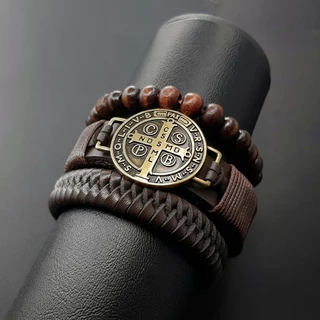 Pulseiras Masculinas de Couro Sao bento Bússola Kit C/03