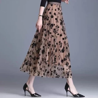 Elegante temperamento gaze saia meninas flor reunindo saia de três camadas preto comprimento médio esqui