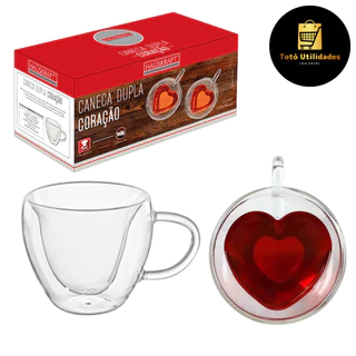 Conjunto de Canecas Xícaras de Vidro Parede Dupla Coração 230ml 2 Peças Hauskraft