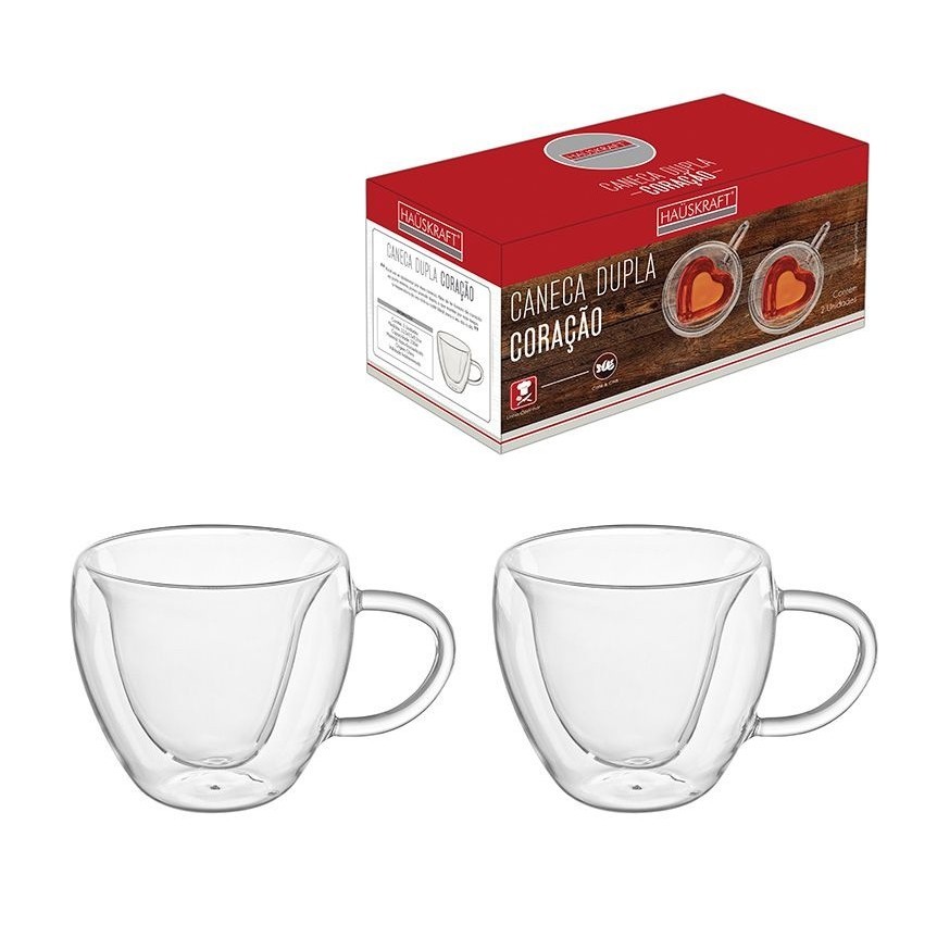 Jogo 2 Canecas Vidro Dupla Coração Xicaras Café E Chá 150ml
