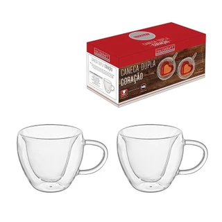 Jogo 2 Canecas Vidro Dupla Coração Xicaras Café E Chá 150ml