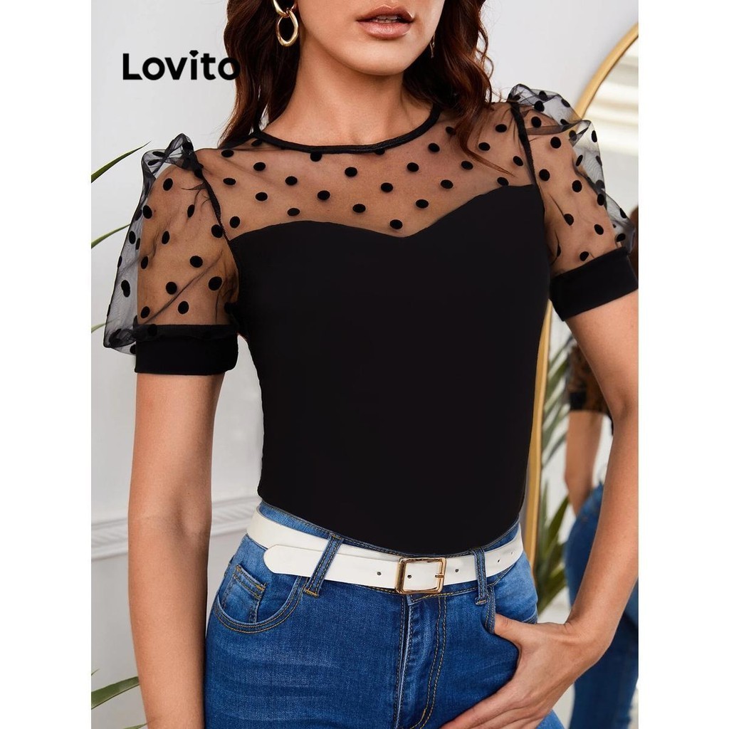 Lovito Blusa Feminina Casual De Malha Lisa E Contrastante Lne