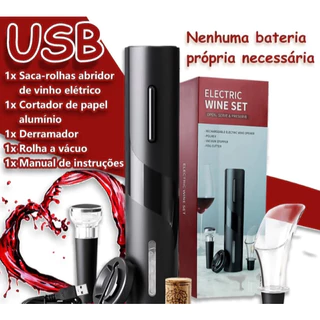 Saca Rolha Abridor De Vinho Elétrico Recarregável Automático Kit 4 Peças Carregamento por usb em Oferta na Shopee