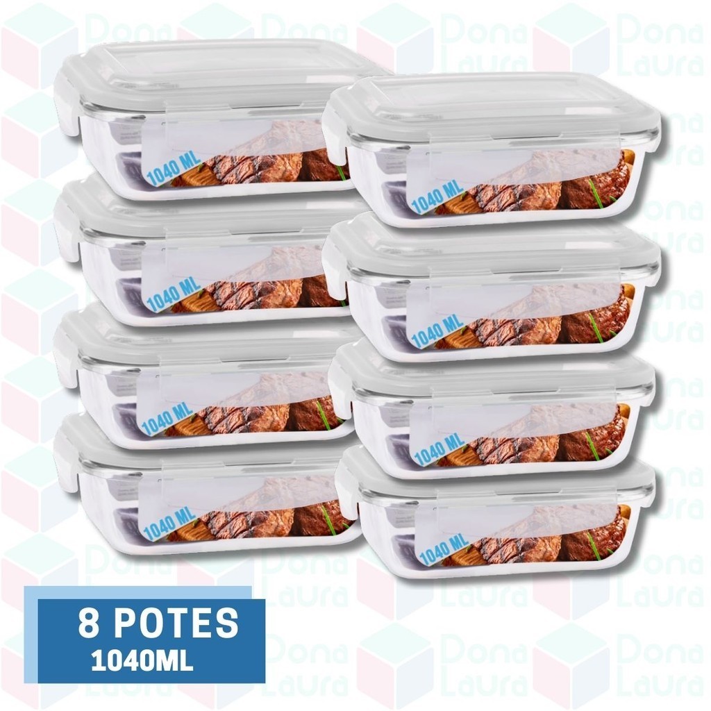 Kit 8 Potes Vidro Hermético Marmita Com 4 Travas 1040ml