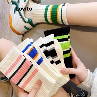 Lovito Meias casuais lisas com contraste para mulheres LNL56267