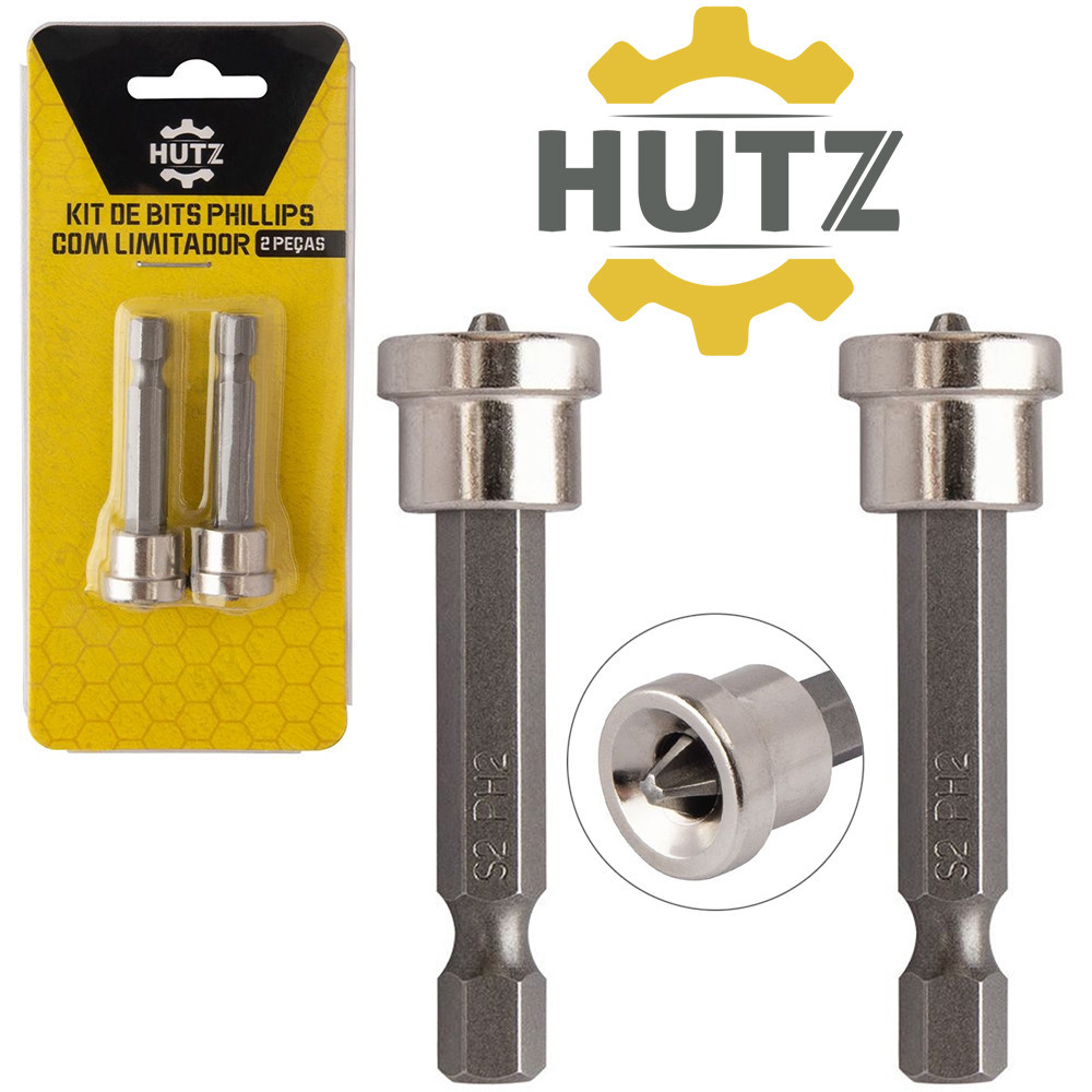 JOGO DE BITS PHILLIPS COM LIMITADOR PARA PARAFUSADEIRA HUTZ 2 PECAS PH2