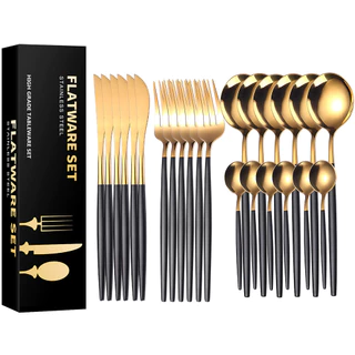 Kit 24 Peças Jogo De Talheres Preto Dourados Aço Inoxidável 416