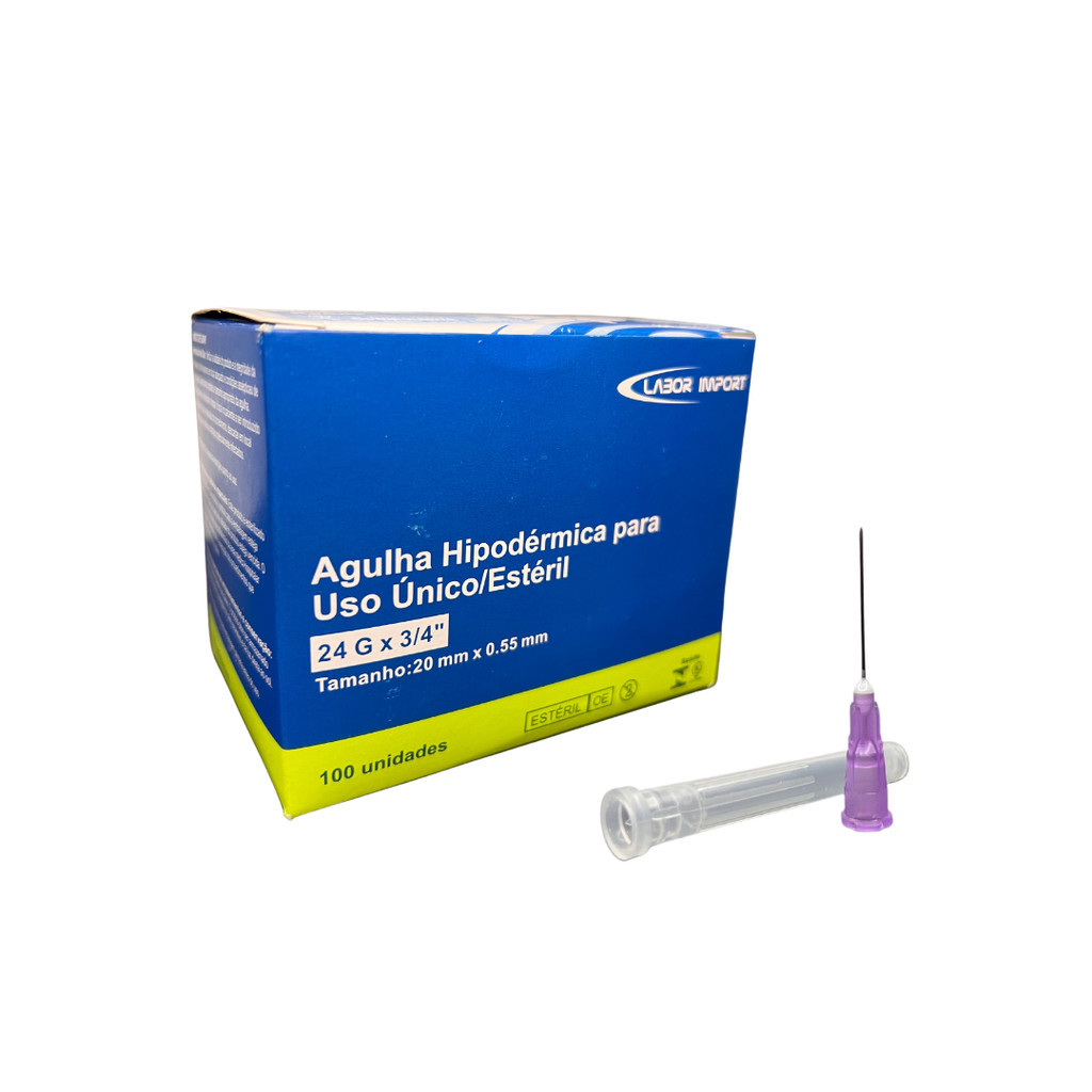 Agulha Descartável 20mmx0,55mm 24G 3/4 Caixa com 100 Unidades