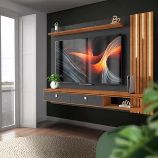 Painel Ripado Grande Para TV Até 80 Polegadas Com LED Preto Fosco Naturalle Hebe Shop JM