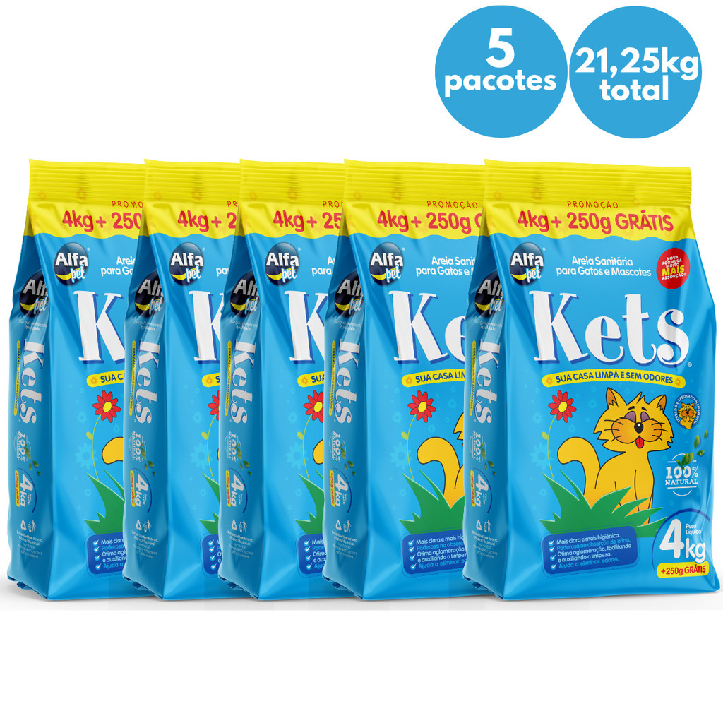 Kit 5 Areia para Gato Kets Higiênica Sanitária Elimina Odores 4,25kg ...
