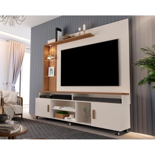Estante Home Ocean  Para Tv Até 65 Polegadas -2 Portas e Nicho  Leds -Rodizio Off-White/Canela em Oferta na Shopee