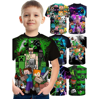 Camiseta Estampada Minecraft Verão Meninos e Meninas Roupas Pele Amigável Respirável Pullover Roupas